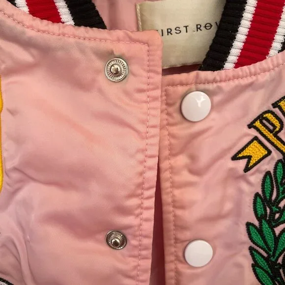 First Row Pen & Brush Cropped Varsity Jacket Pink White Patches Sz S - Picture 7 of 12